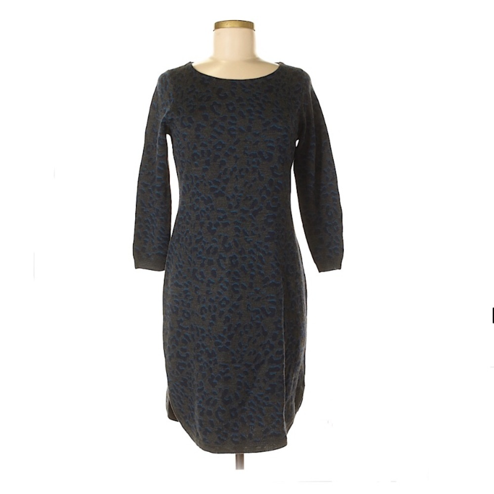 Ann Taylor Loft Grey & Blue Leopard print Sweater Midi Long Sleeved Dress Size M